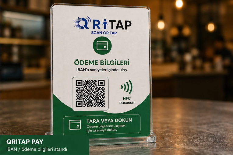 QRITAP Pay A6 akrilik NFC ve QR ödeme bilgileri standı