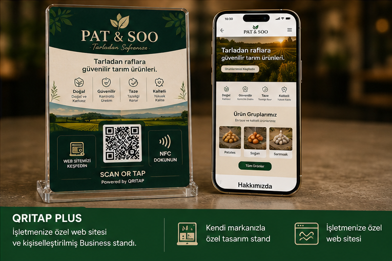 Pat & Soo kurumsal kimliğiyle kişiselleştirilmiş ayrı QRITAP Plus Business standı ve mobil işletme sitesi