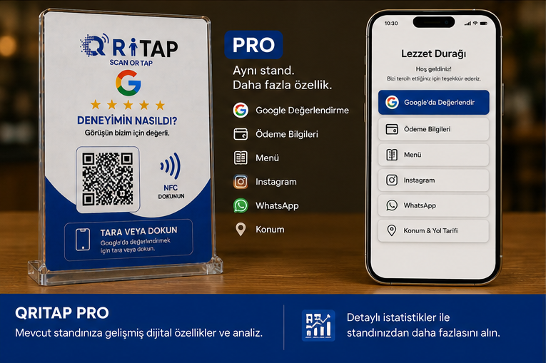 Mevcut QRITAP Review standının Pro yazılımıyla Google, ödeme, menü, Instagram, WhatsApp ve konum özelliklerine yükseltilmesi